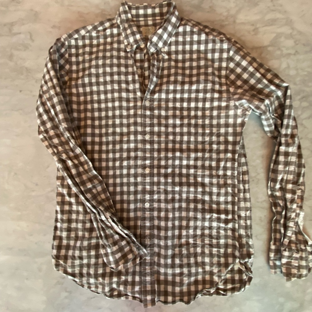 J. Crew Brown and White Gingham Casual Button Down Shirt